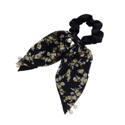 Vintage Boho Silk Bowknot Flower Hair Scrunchies Women Hair Bands Rope Pearl - Aimall
