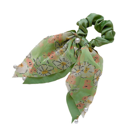 Vintage Boho Silk Bowknot Flower Hair Scrunchies Women Hair Bands Rope Pearl - Aimall