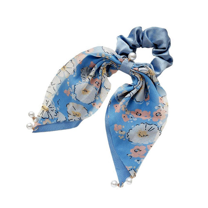 Vintage Boho Silk Bowknot Flower Hair Scrunchies Women Hair Bands Rope Pearl - Aimall
