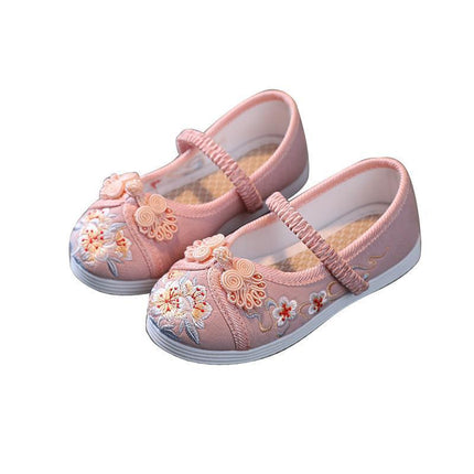 Pink Chinese Old Beijing Girl Child Embroidered Cloth Floral Shoes Hanfu Dance Shoes - Aimall