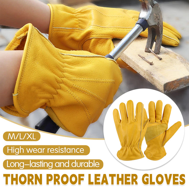Golden Yellow Cowhide Work Gloves Full Finger Gardening DIY Home Maintenance Use