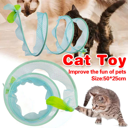 Cat Tunnel Toy Set Collapsible Cat Tube with Teaser Wand Feather Toy Indoor Play