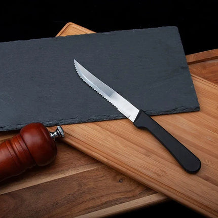 6pcs Stainless Steel Steak Knife Black Plastic Handle Cutlery For Kitchen Dining