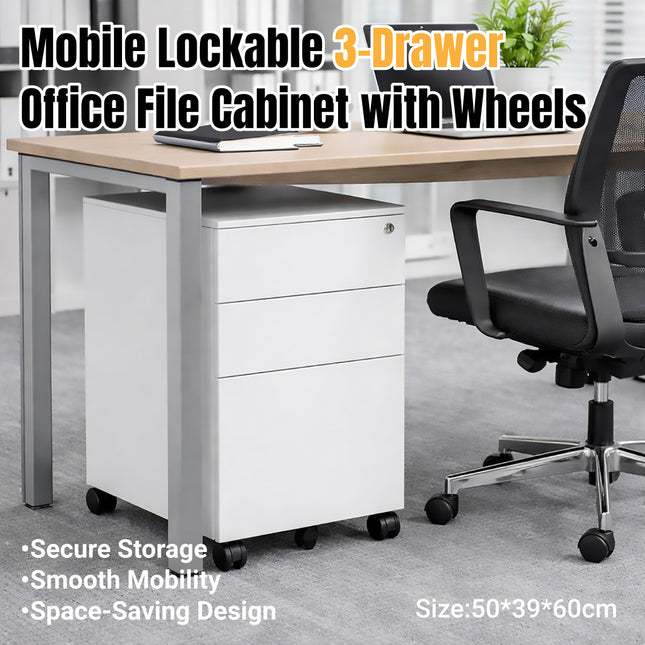 Under Desk Mobile Cabinet White 3 Drawer Steel Storage with Wheels and Lock