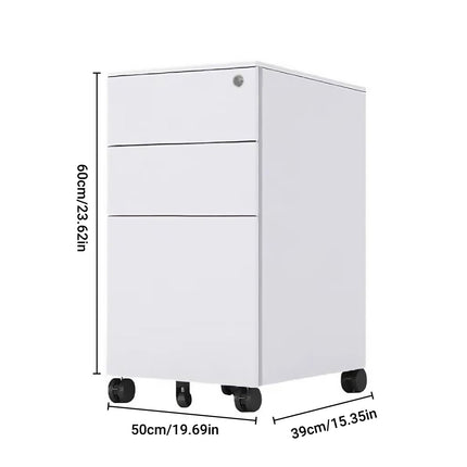 Under Desk Mobile Cabinet White 3 Drawer Steel Storage with Wheels and Lock