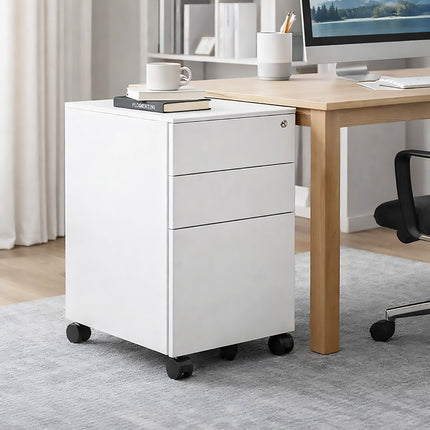 Under Desk Mobile Cabinet White 3 Drawer Steel Storage with Wheels and Lock
