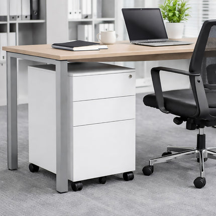 Under Desk Mobile Cabinet White 3 Drawer Steel Storage with Wheels and Lock