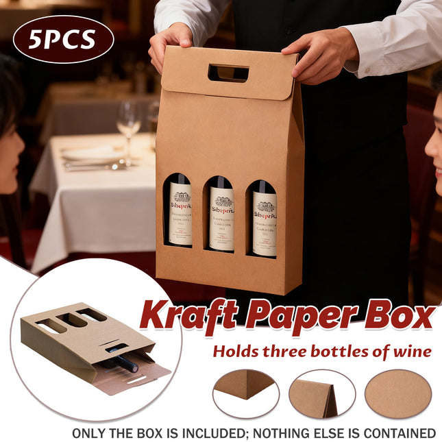5PCS Handheld 3 Bottles Wine Gift Box Kraft Paper for Wine Bottles Gift Packaging