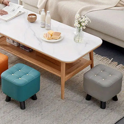 Small Upholstered Stool Square Ottoman Wood Legs Waterproof Leather Footrest