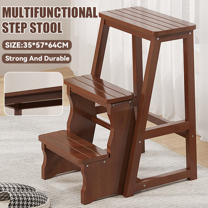 3 Tier Multi Function Bamboo Foldable Step Stool Space Saving Anti-Slip Footrest