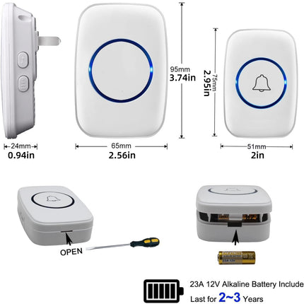 Wireless Doorbell Kit Home Call Button Remote Control White Waterproof Chime