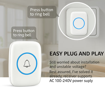 Wireless Doorbell Kit Home Call Button Remote Control White Waterproof Chime