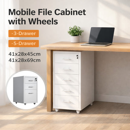 Mobile Metal File Cabinet White Lockable 3 or 5 Drawer with Wheels for Office