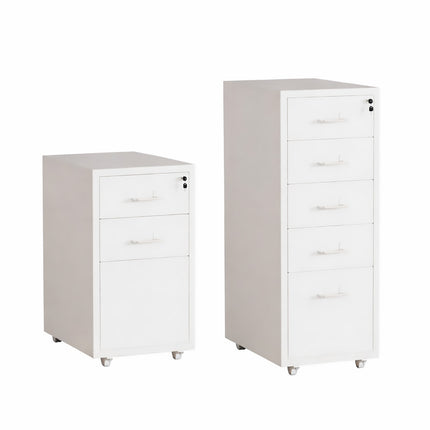 Mobile Metal File Cabinet White Lockable 3 or 5 Drawer with Wheels for Office