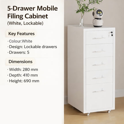 Mobile Metal File Cabinet White Lockable 3 or 5 Drawer with Wheels for Office
