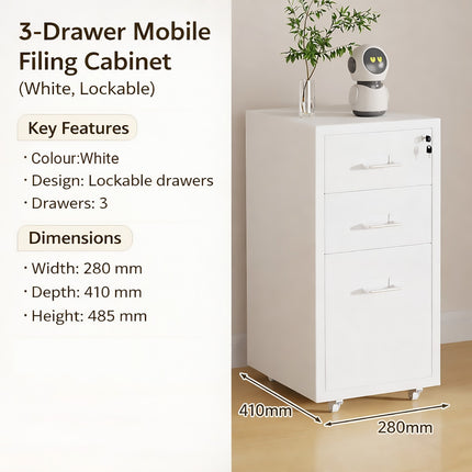 Mobile Metal File Cabinet White Lockable 3 or 5 Drawer with Wheels for Office