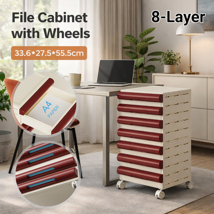 8 Tier Mobile File Organiser Cabinet with Wheels for A4 Letter Documents Books