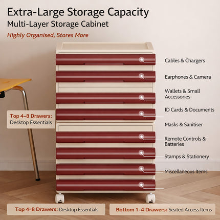 8 Tier Mobile File Organiser Cabinet with Wheels for A4 Letter Documents Books