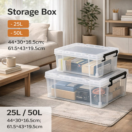 25L 50L Clear Plastic Storage Box with Lid Stackable Latching for Toys Clothes