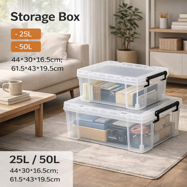 25L 50L Clear Plastic Storage Box with Lid Stackable Latching for Toys Clothes