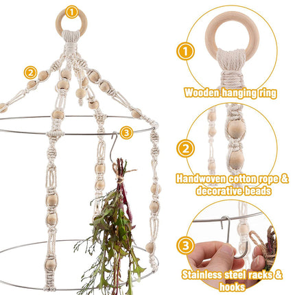 Handwoven Hanging Herb Spice Flower Drying Rack with Cotton Rope Wood Ring