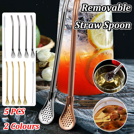 5pcs Stainless Steel Straw Spoon Removable Filter Reusable Tea Juice Stirrer