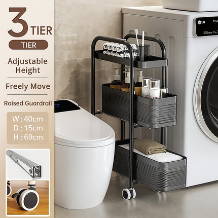 3-Tier Slim Pull-Out Storage Trolley - Gap Cabinet Kitchen Organiser on Wheels