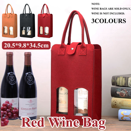 Wine Gift Bag Felt Double Bottle Clear Window Snap Closure Handle Carrier