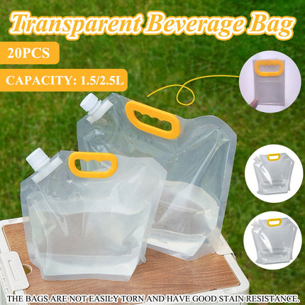 20PCS Portable Clear Water Storage Bags 1.5L 2.5L with Cap for Camping Picnic