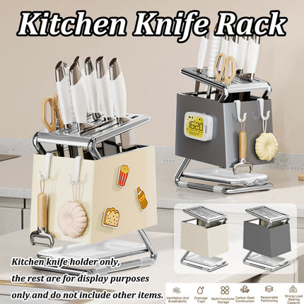 Kitchen Knife Holder Rack Carbon Steel Drainage Tray Hook Side White or Grey