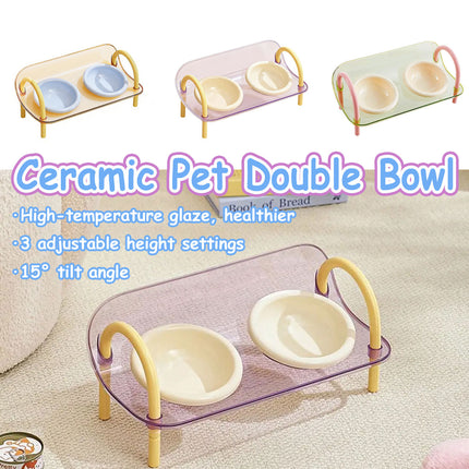 Ceramic Pet Double Bowls Stand Feeder Adjustable Height for Cat Dog Daily Use