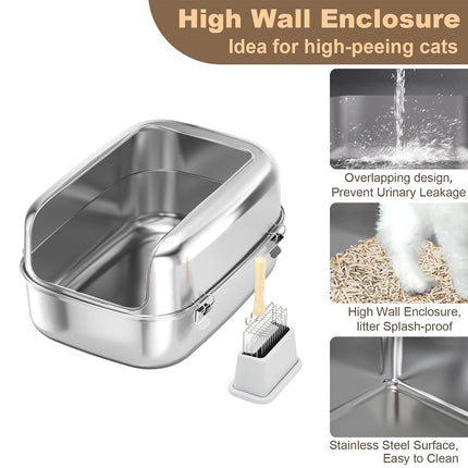 Cat Litter Box Open Design Stainless Steel Large Easy Clean Pet Toilet Tray