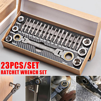 Multi Bit Ratchet Wrench Set 23pcs Flexible Head Tool Kit DIY Repair AU