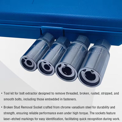 4PCS Socket Extractor Set 1/2 Inch Bolt Remover Damaged Stud Removal Tool