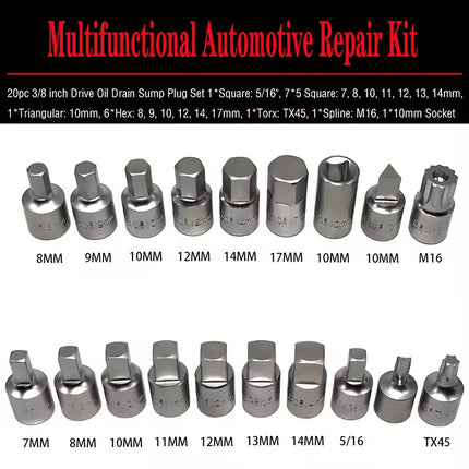 20PCS Oil Drain Sump Plug Key Set 3/8 Drive High Quality Durable Tool Set