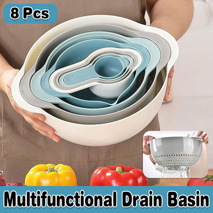 8pcs Plastic Basin Set Drain Basket Washing Mixing Bowl Set Kitchen Baking Tools