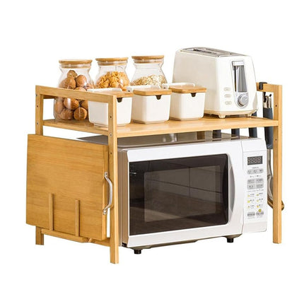 2 Tier Bamboo Microwave Oven Stand Rack Kitchen Condiment Holder with Hooks