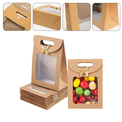 24PCS Kraft Paper Gift Bag Window Handheld Bow Clamshell Packaging Shopping Bag
