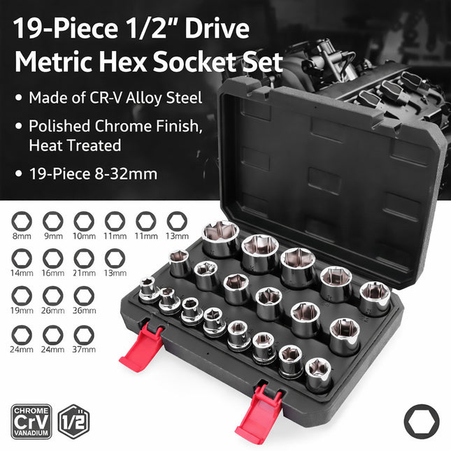 19PCS 1/2 Inch Drive Metric Hex Socket Set CRV Steel Hand Tools for Car Repair