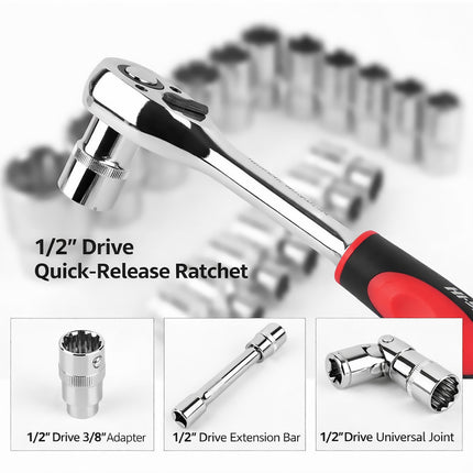 19PCS 1/2 Inch Drive Metric Hex Socket Set CRV Steel Hand Tools for Car Repair
