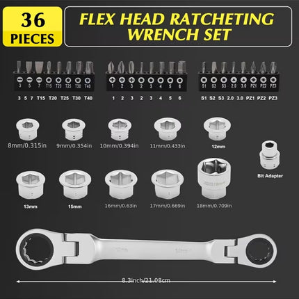 36PCS Flex Head Ratchet Wrench Set Standard Combination Spanner Car Repair Use