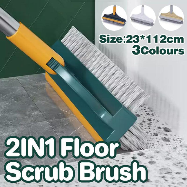 2 in 1 Floor Scrubber with Squeegee and Long Handle for Bathroom or Tile Use