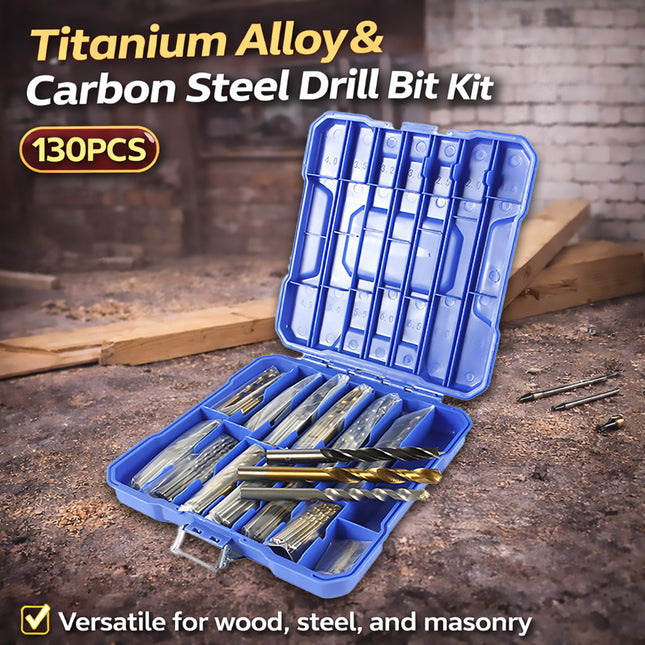 130PCS Titanium Alloy and Carbon Steel Drill Bit Kit for Wood Metal Plastic DIY