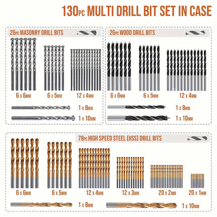 130PCS Titanium Alloy and Carbon Steel Drill Bit Kit for Wood Metal Plastic DIY