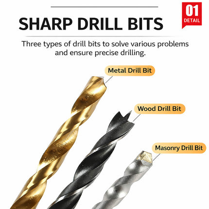130PCS Titanium Alloy and Carbon Steel Drill Bit Kit for Wood Metal Plastic DIY