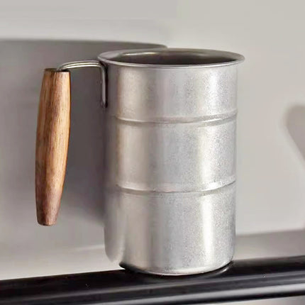 Retro Stainless Steel Cup 350ml Wood Handle Vintage Drum Camping Mug