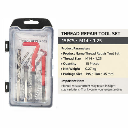 15PCS Car Thread Repair Tool Set M14x1.25 Helical Insert Tap Installation Kit