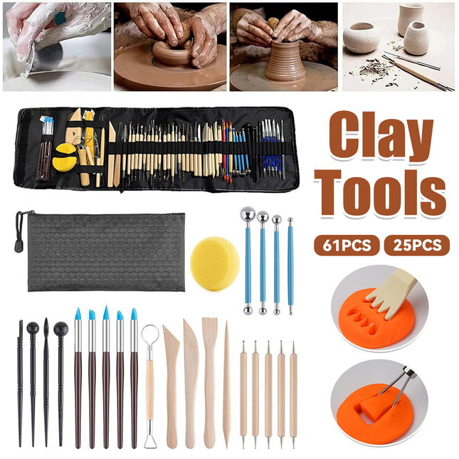 Pottery Clay Tool Kit 25 or 61PCS Wooden Handle Sculpting Ceramic Art DIY