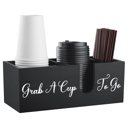 Wood Coffee Cup Straw Holder 3-Compartment for Kitchen Café Countertop Storage