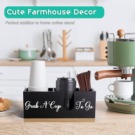 Wood Coffee Cup Straw Holder 3-Compartment for Kitchen Café Countertop Storage